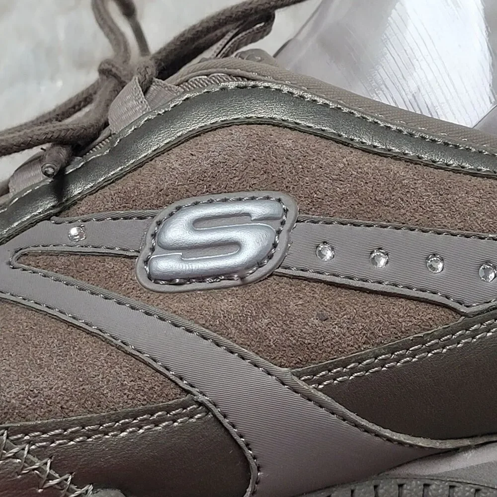 Skechers Lace Up Comfort Sneakers 22018 Leather Low Top Rhinestones Taupe 10 - Picture 6 of 12